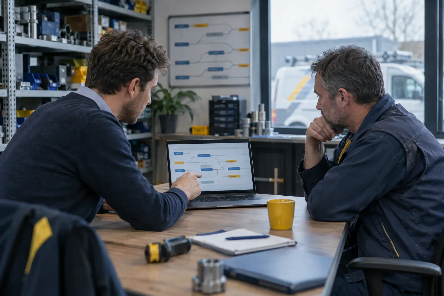 Een procesadviseur en de eigenaar van een installatiebedrijf kijken samen naar een proces op de laptop.