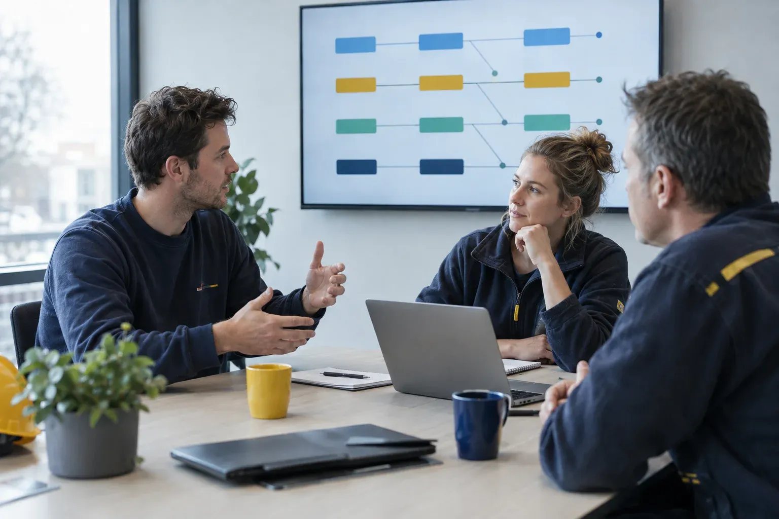 Drie collega's aan een vergadertafel bespreken een proces op het grote scherm.