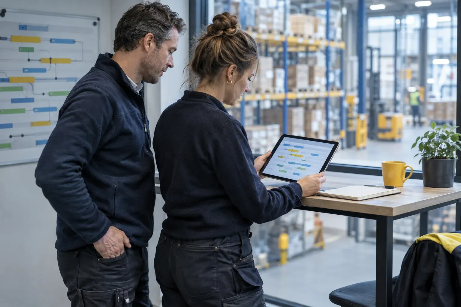Een operationeel manager en een planner bekijken samen een proces op een tablet in het magazijnkantoor.